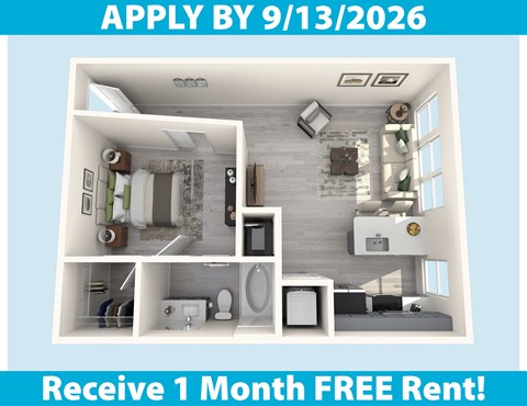 Floor plan for studio, 1 bath, 697 sqft